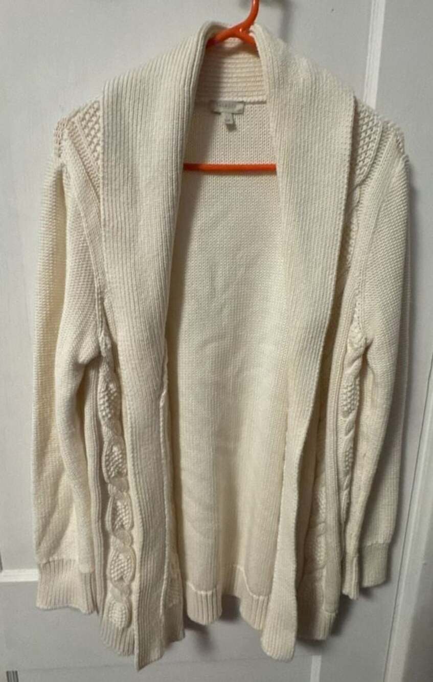 Talbots Shaker Stitch Cable Knit Sleeve Cardigan Size L Ivory Cotton